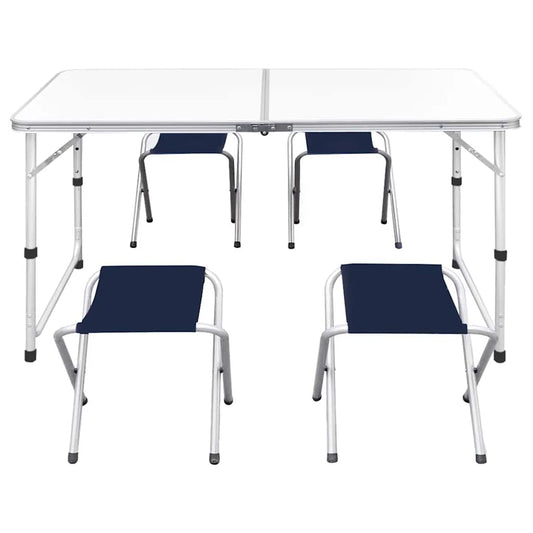 Foldable Camping Table Set with 4 Stools Height Adjustable 120 x 60 cm