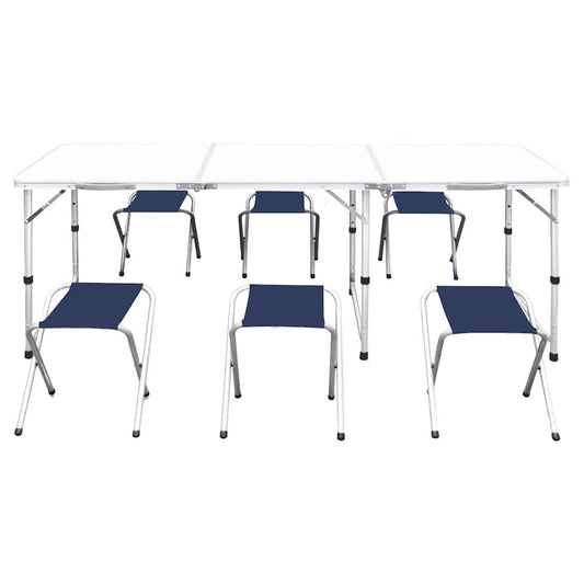 Foldable Camping Table Set with 6 Stools Height Adjustable 180x60cm