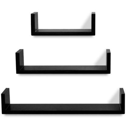 3 Black MDF U-Shaped Floating Wall Display Shelves Book/DVD Storage