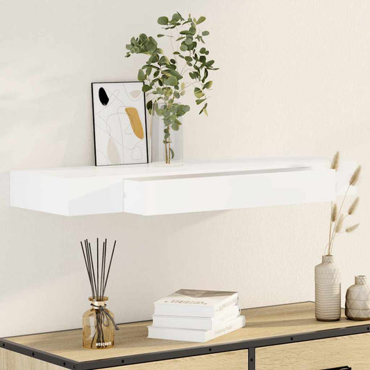 White MDF Floating Wall Display Shelf 1 Drawer Book/DVD Storage
