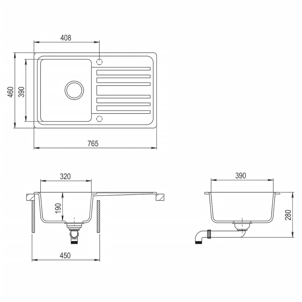 Granite Kitchen Sink Single Basin with Drainer Reversible White