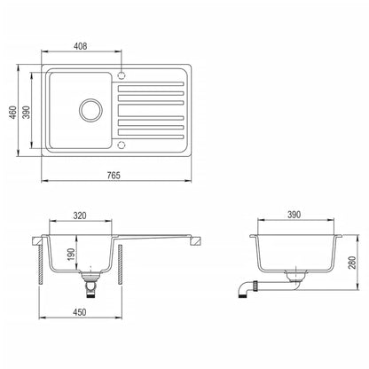 Granite Kitchen Sink Single Basin with Drainer Reversible White