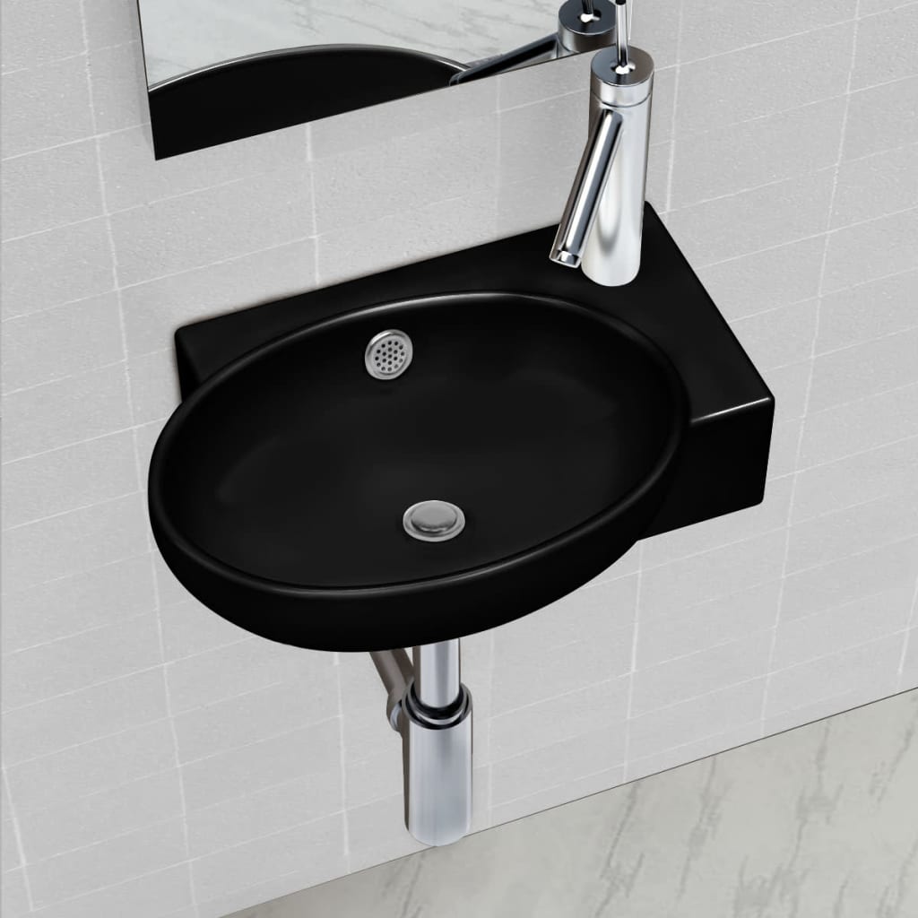 Ceramic Bathroom Sink Basin Faucet/Overflow Hole Black Round