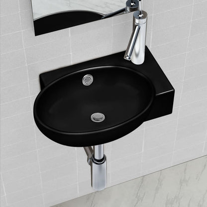 Ceramic Bathroom Sink Basin Faucet/Overflow Hole Black Round