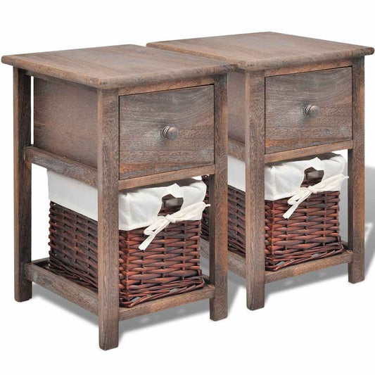 Bedside Cabinet | Set of 2 | Brown | Paulownia wood, Wicker | Compact