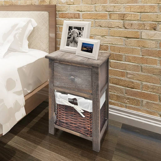 Bedside Cabinet | Set of 2 | Brown | Paulownia wood, Wicker | Compact