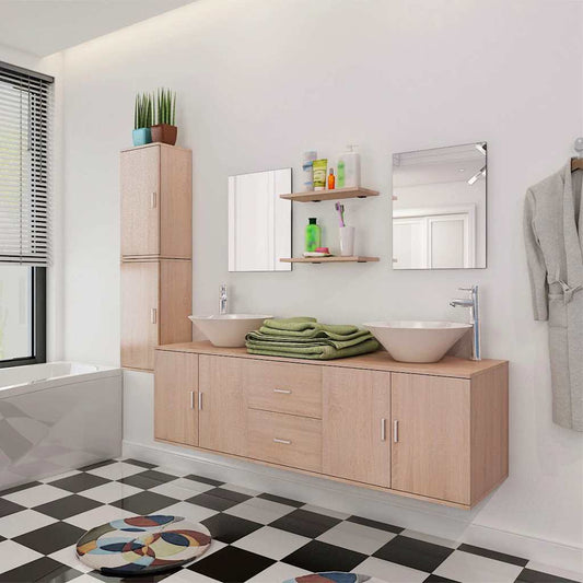 11 Piece Bathroom Furniture Set with Basin with Tap Beige