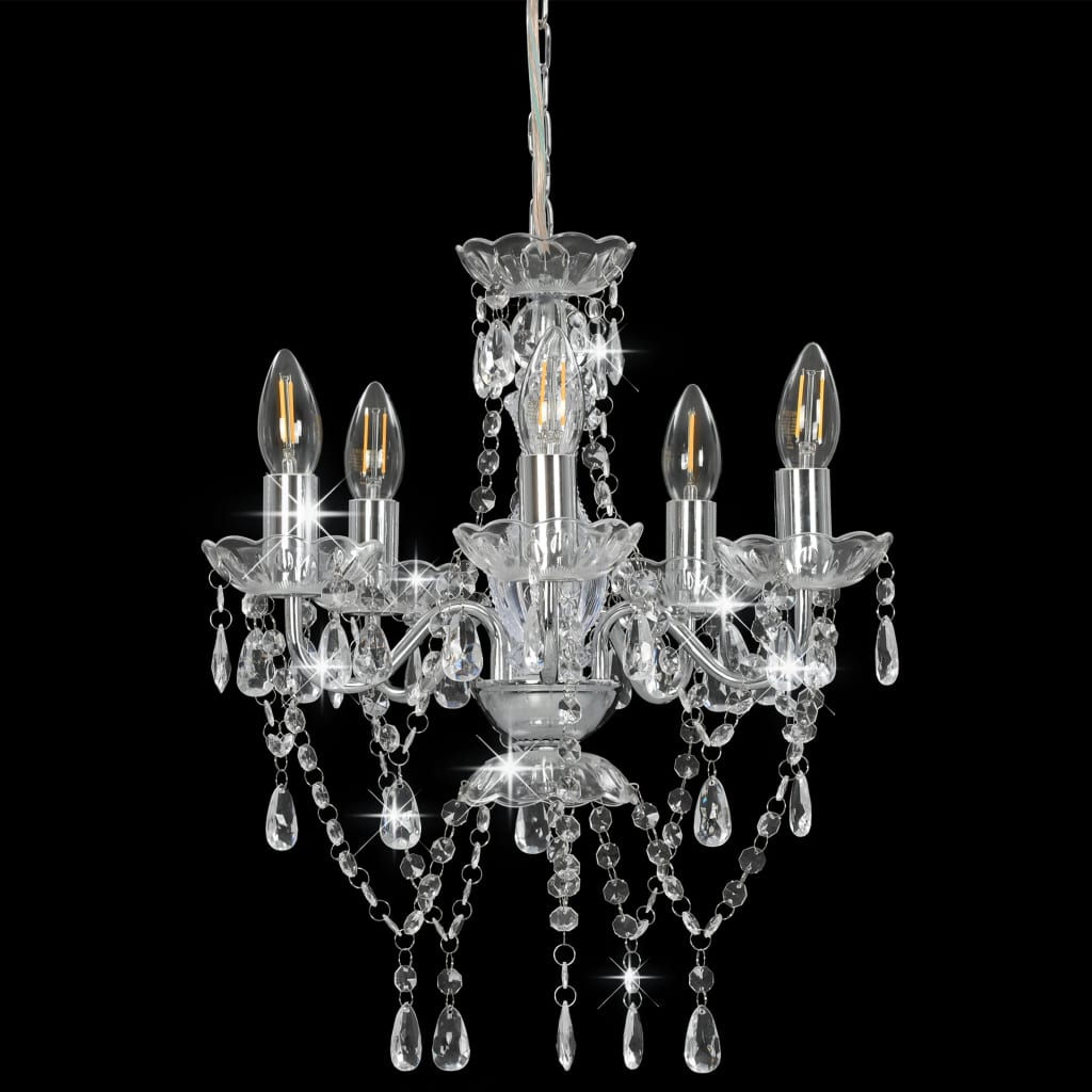 Chandelier with Crystal Beads Silver Round 5 x E14