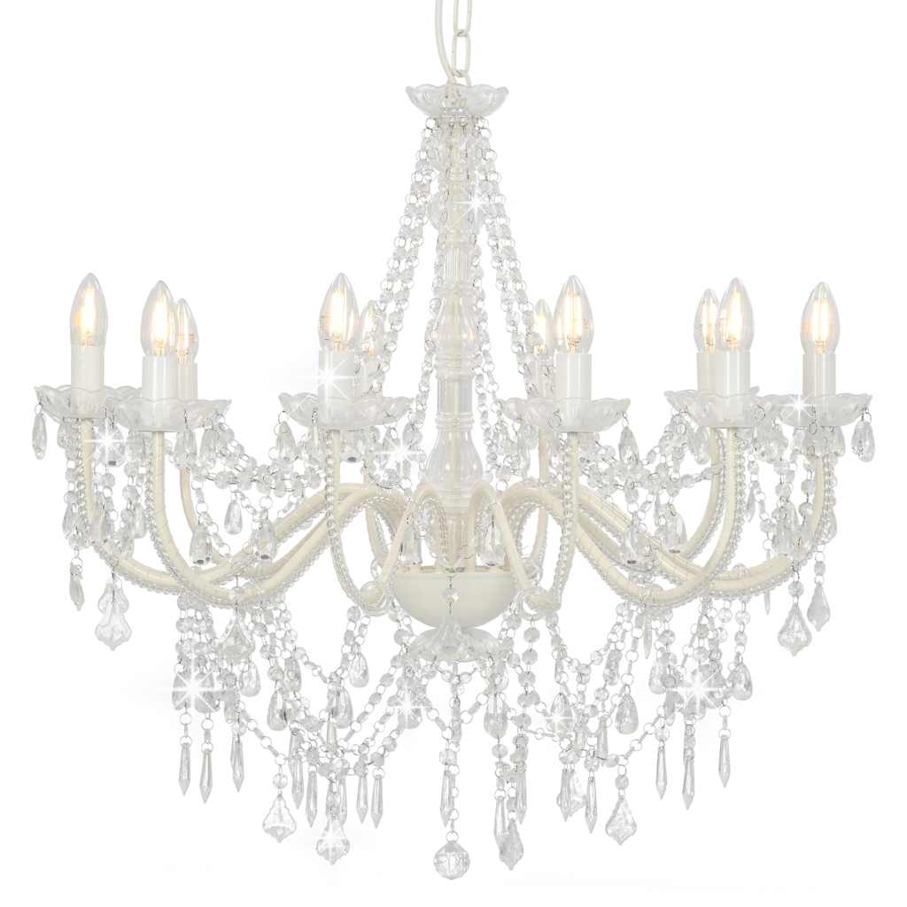 Chandelier with Beads White 12 x E14 Bulbs