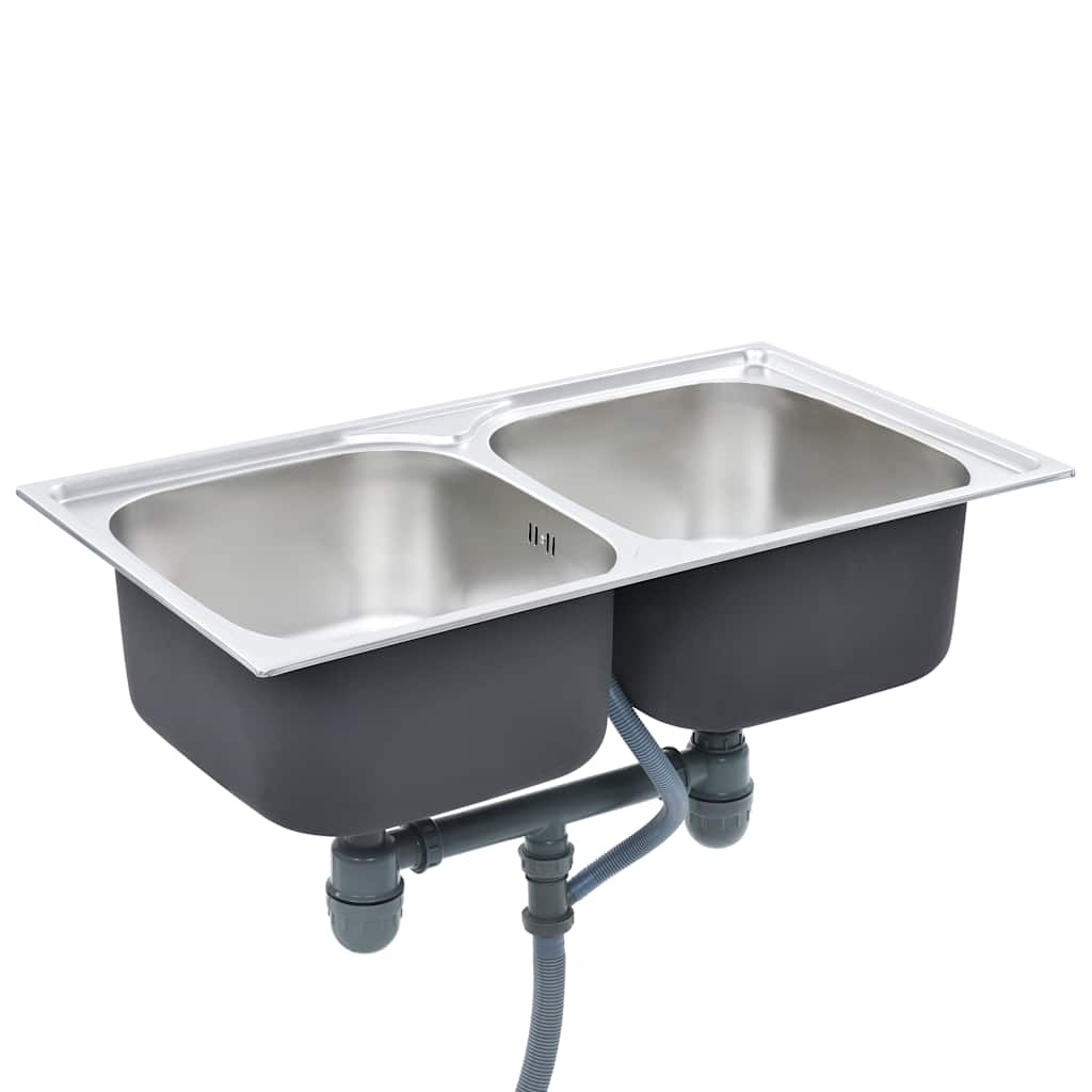 Kitchen Sink Double Basin with Strainer Stainless Steel