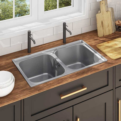 Kitchen Sink Double Basin with Strainer Stainless Steel