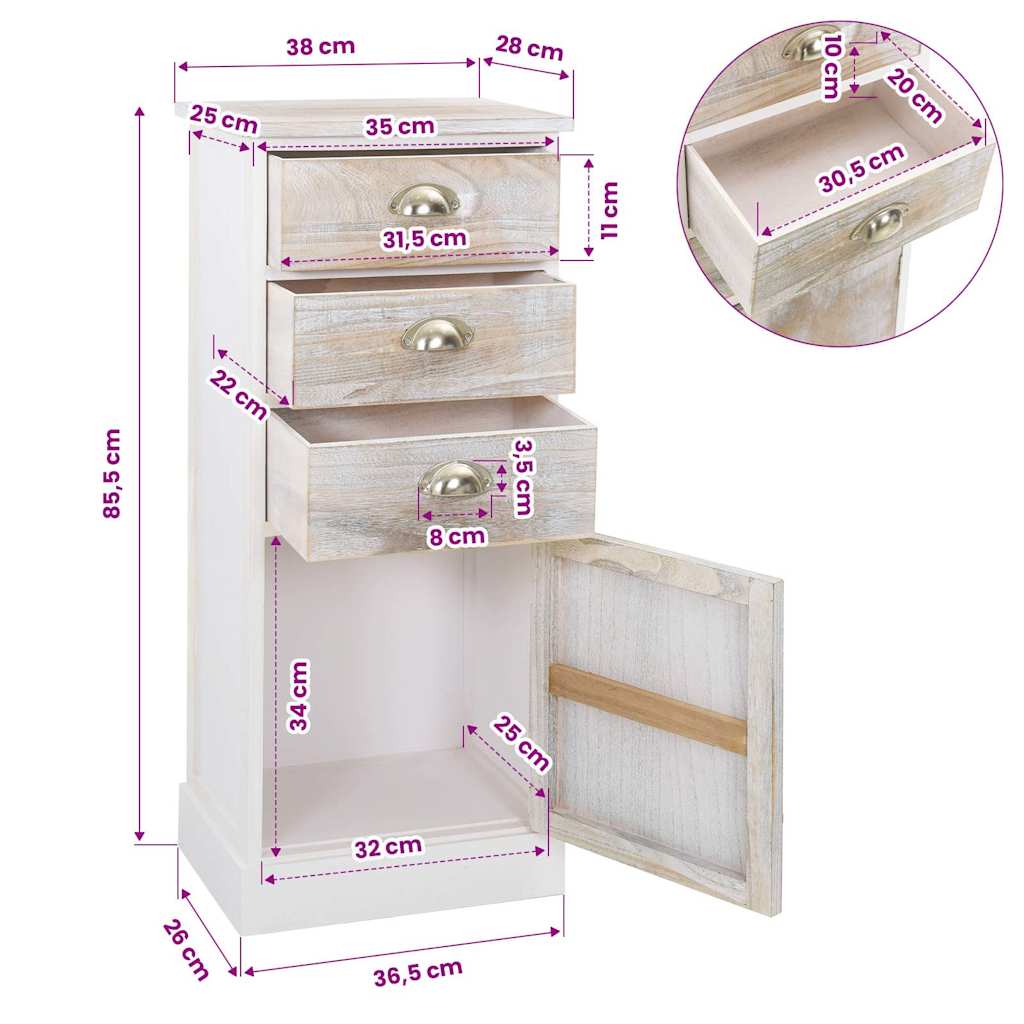 Side Cabinet | White and wood colour | Paulownia wood | 38x28x86 cm