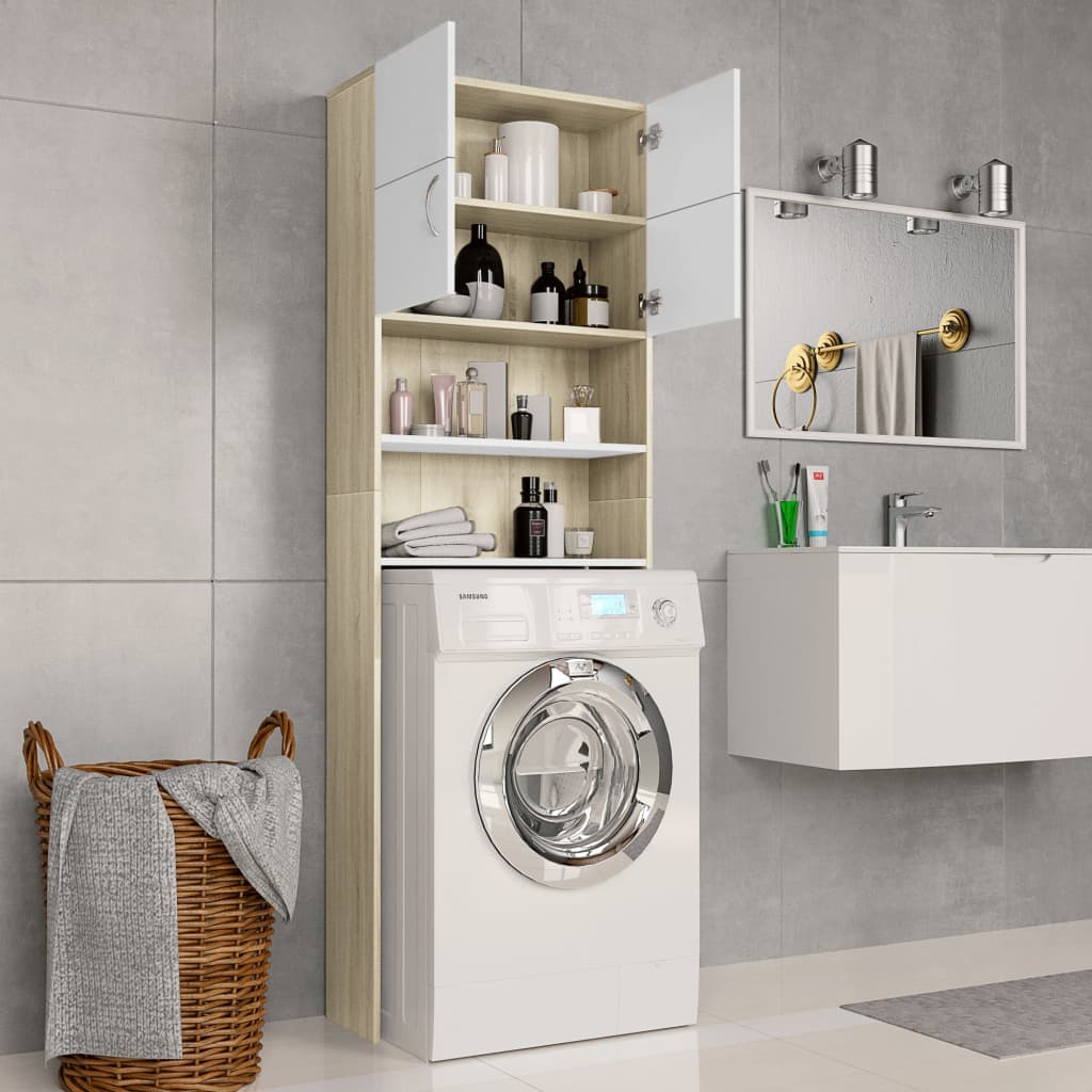 Washing Machine Cabinet White and Sonoma Oak 64x25.5x190 cm