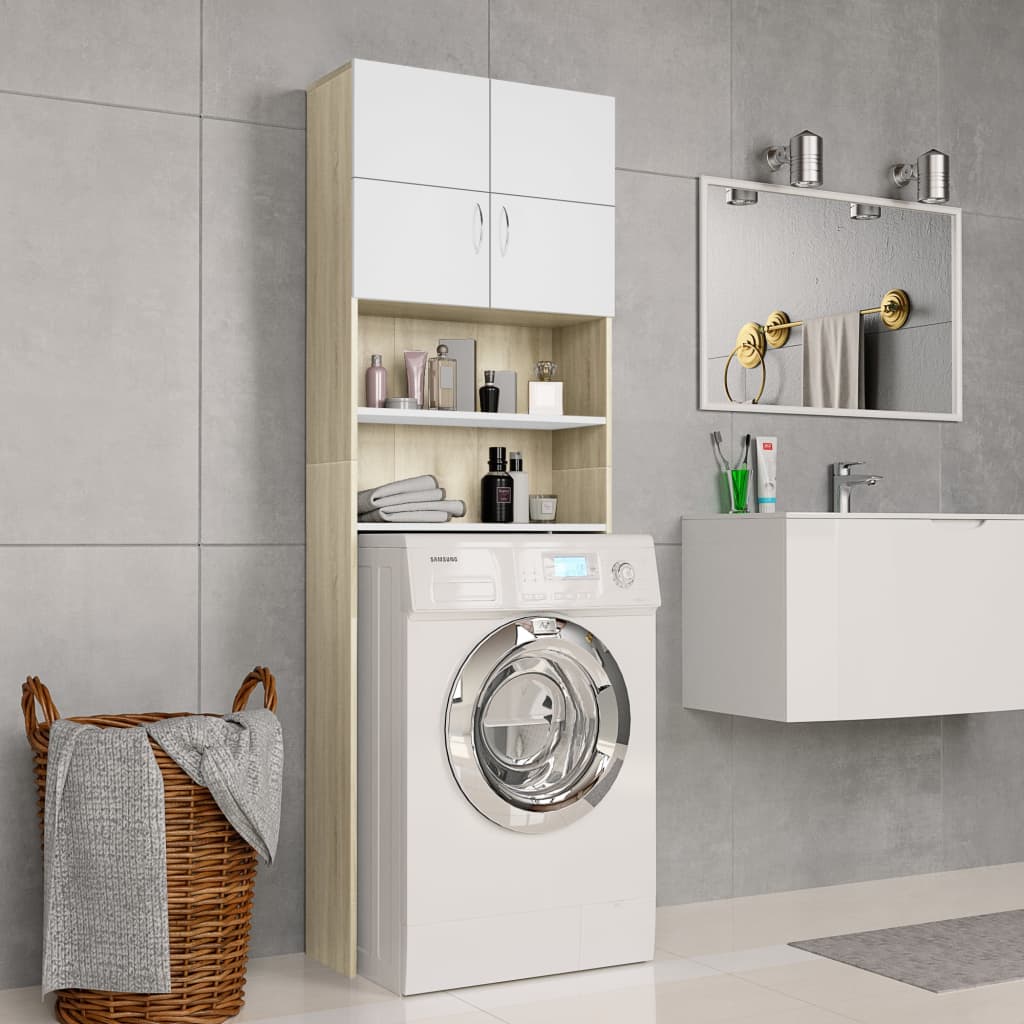 Washing Machine Cabinet White and Sonoma Oak 64x25.5x190 cm