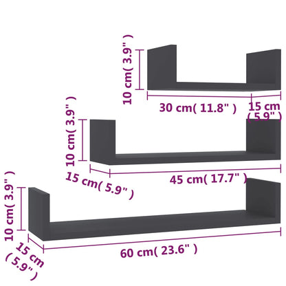 vidaXL Shelf Set of 3 Gray Engineered wood Various sizes up to 23.6 in