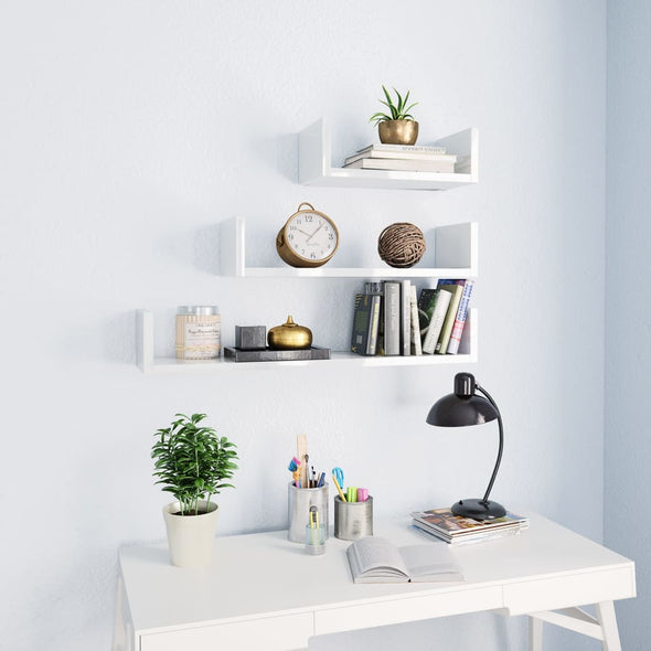 Wall Display Shelf 3 pcs High Gloss White Engineered Wood