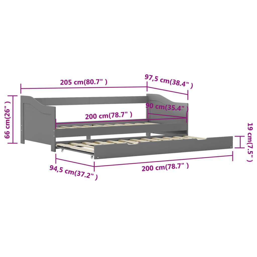 Sofa Bed Frame | Grey | Pine wood and plywood | 90x200 cm
