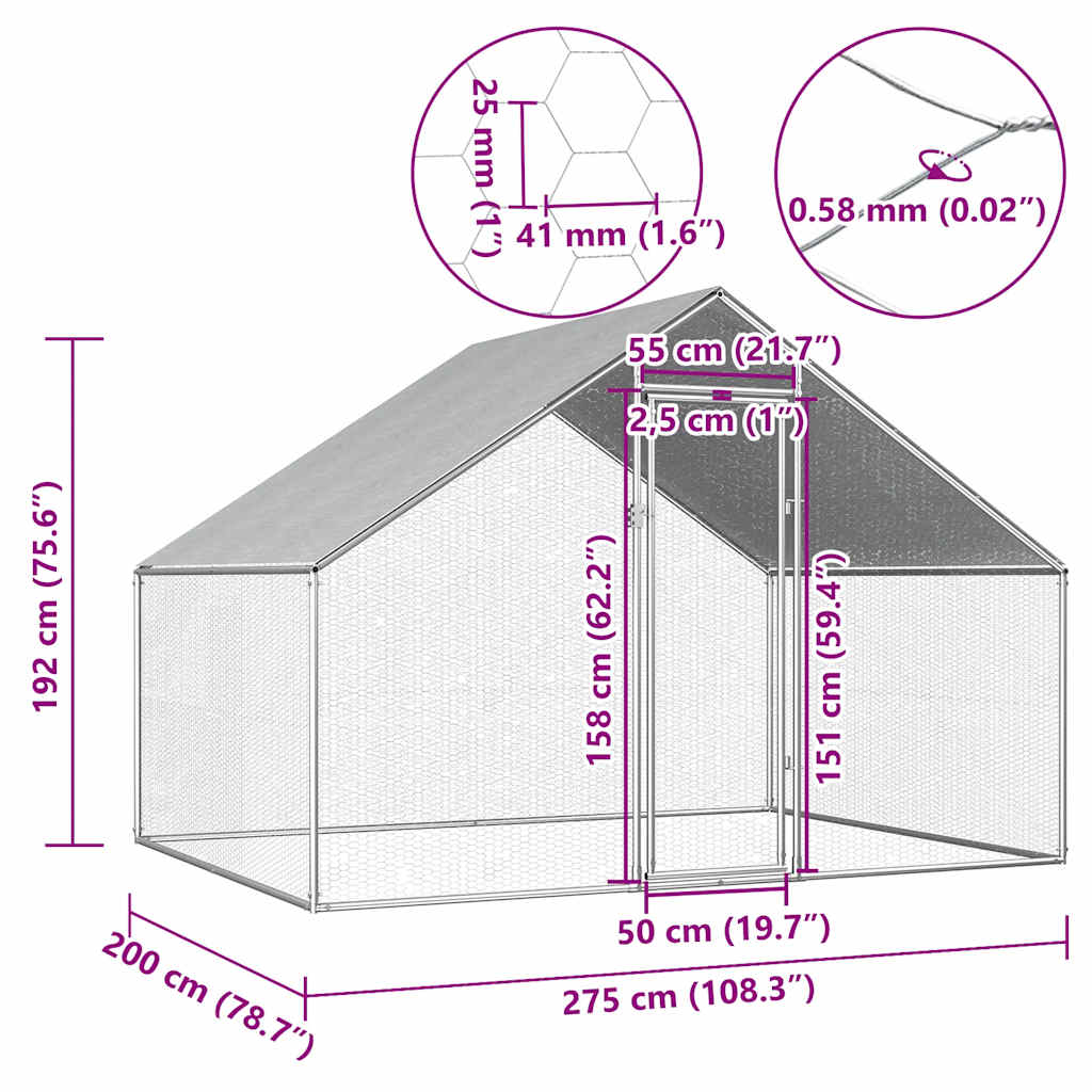 Chicken Cage Silver frame + gray roof Galvanized steel, PE roof