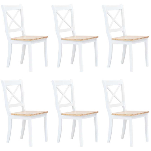Dining Chair | Set of 6 | White and natural | Solid rubber wood