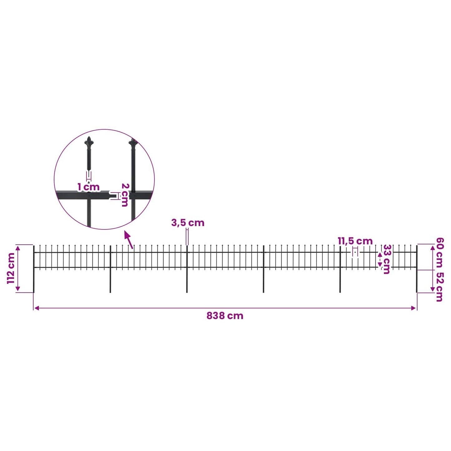 Garden Fence with Spear Top Steel 838x60 cm Black