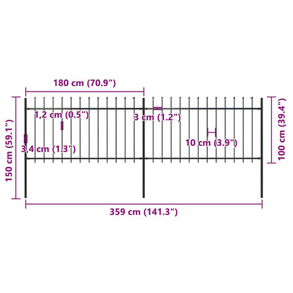 Garden Fence with Spear Top Steel 141.3"x39.4" Black