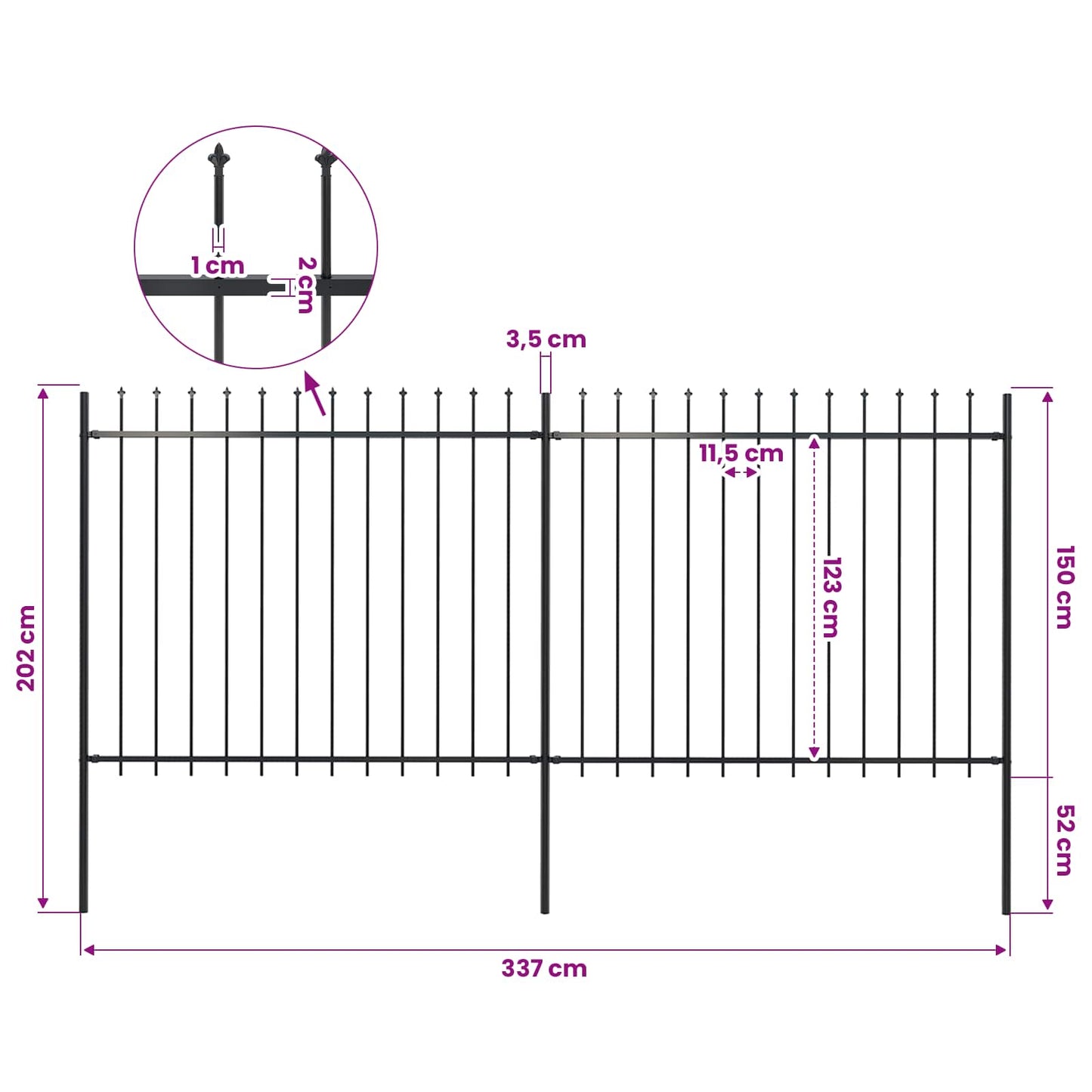 Garden Fence with Spear Top Steel 337x150 cm Black