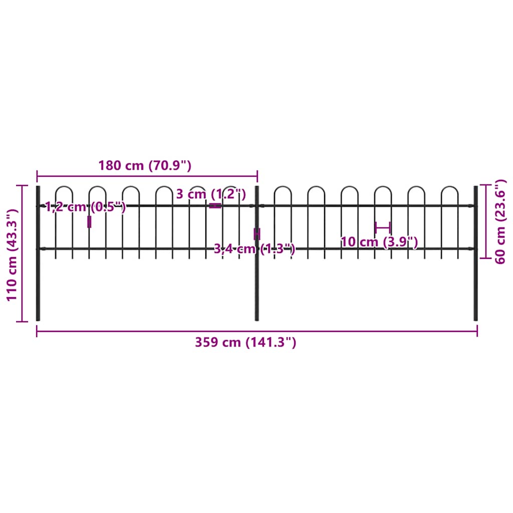 Garden Fence with Hoop Top Steel 141.3"x23.6" Black