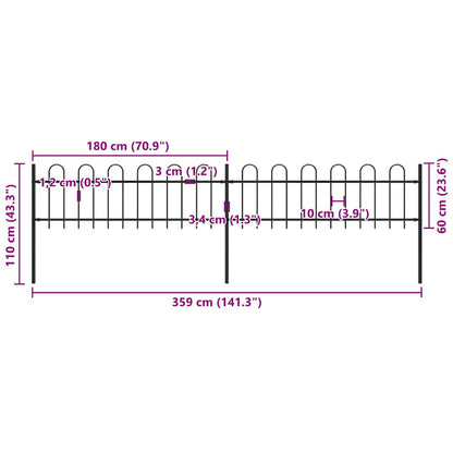 Garden Fence with Hoop Top Steel 141.3"x23.6" Black