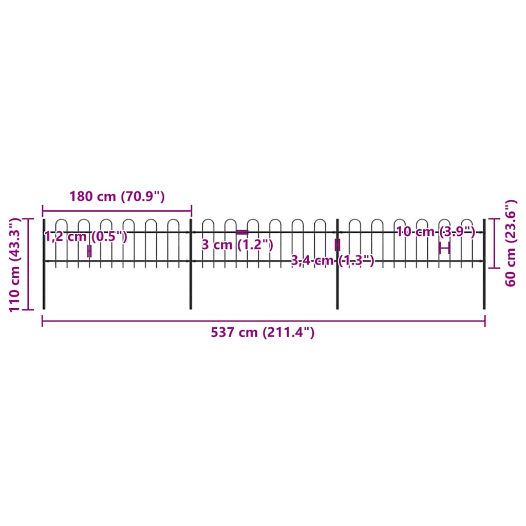 Garden Fence with Hoop Top Steel 211.4"x23.6" Black