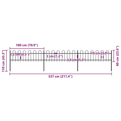 Garden Fence with Hoop Top Steel 211.4"x23.6" Black