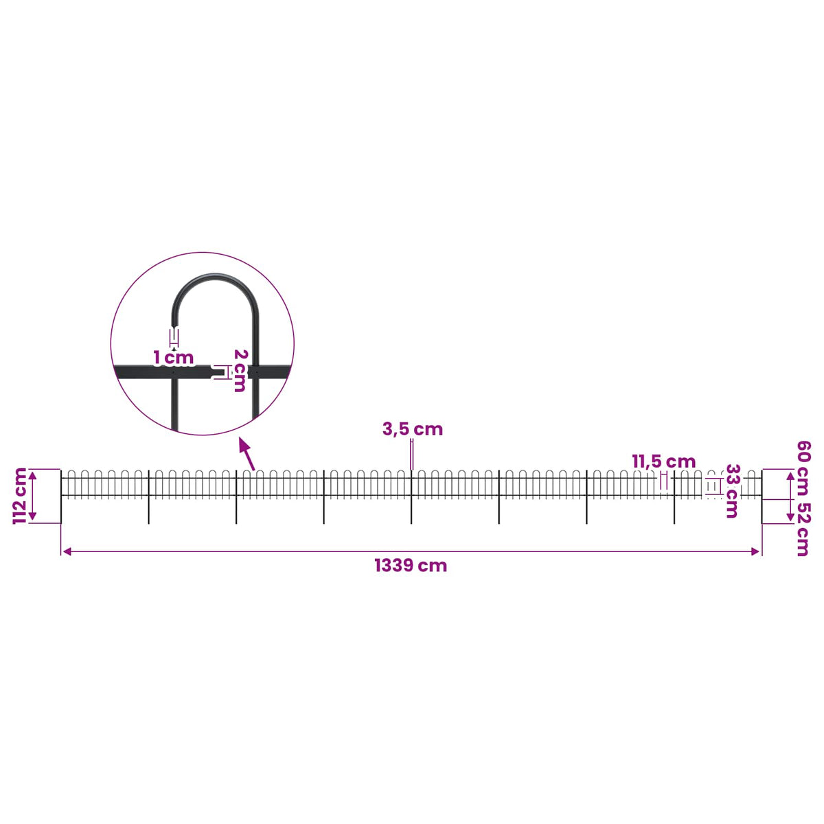 Garden Fence with Hoop Top Steel 527.2x23.6" Black