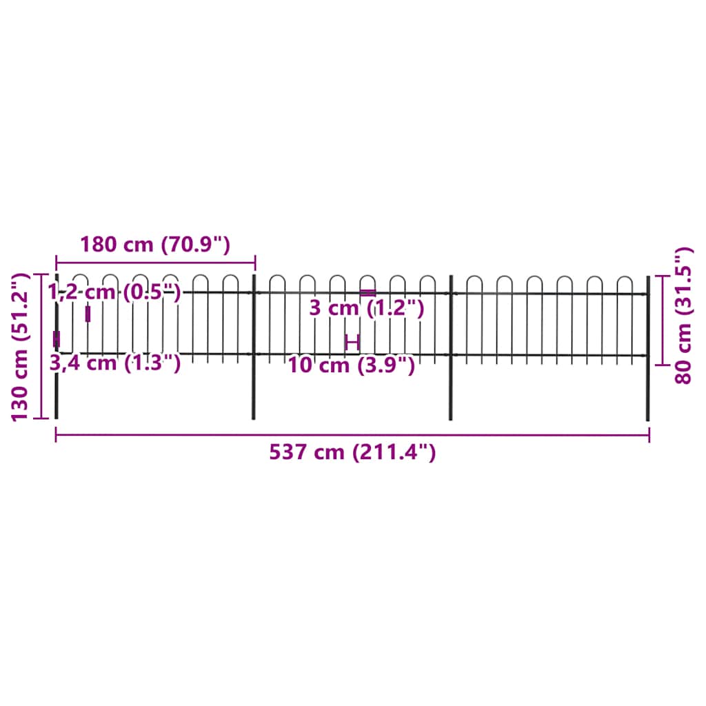 Garden Fence with Hoop Top Steel 211.4"x31.5" Black