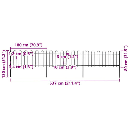 Garden Fence with Hoop Top Steel 211.4"x31.5" Black