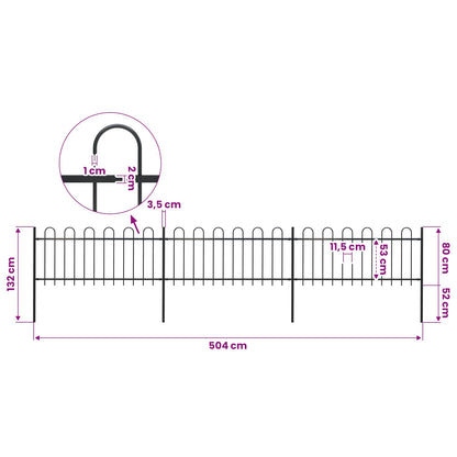 Garden Fence with Hoop Top Steel 504x80 cm Black