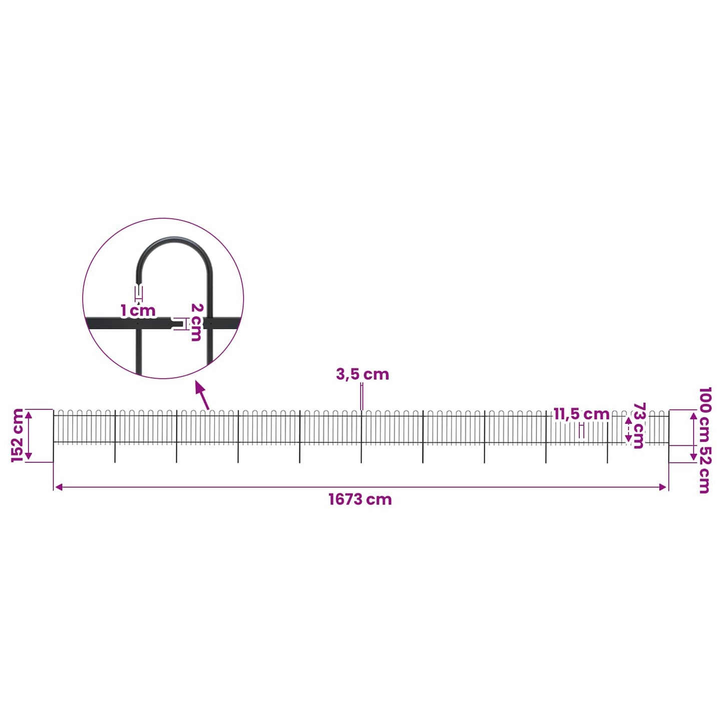 Garden Fence with Hoop Top Steel 1673x100 cm Black