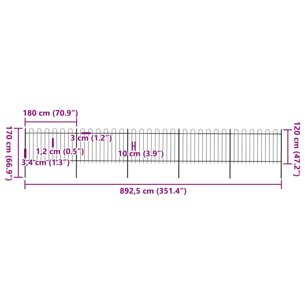 Garden Fence with Hoop Top Steel 351.3"x47.2" Black