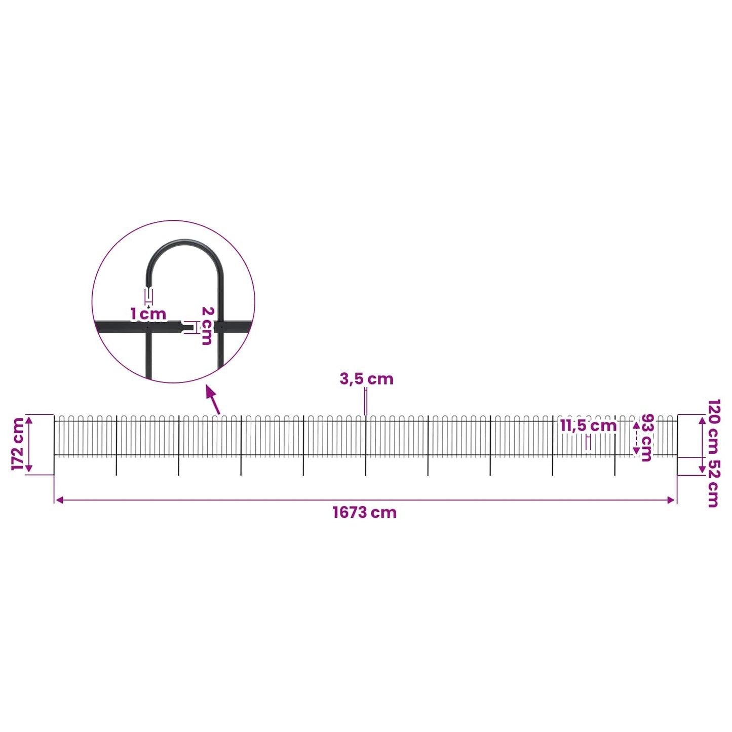 Garden Fence with Hoop Top Steel 1673x120 cm Black