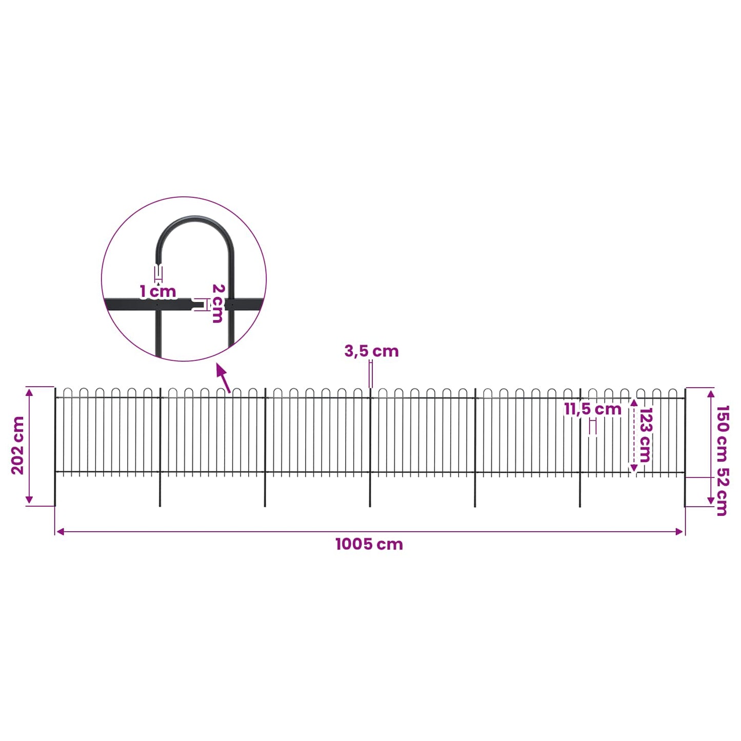 Garden Fence with Hoop Top Steel 395.7x59.1" Black