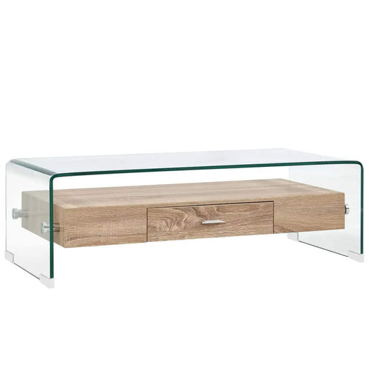 Coffee Table | Clear and Oak | Tough Glass and MDF | Sturdy