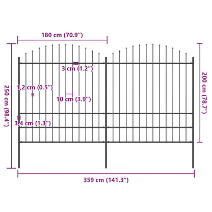 Garden Fence with Spear Top Steel 359x200 cm Black