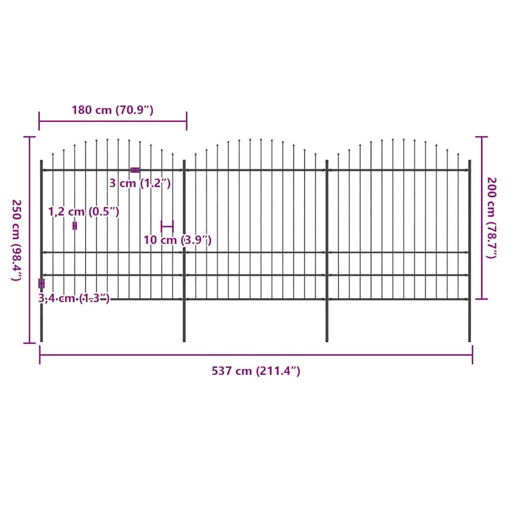 Garden Fence with Spear Top Steel 537x200 cm Black