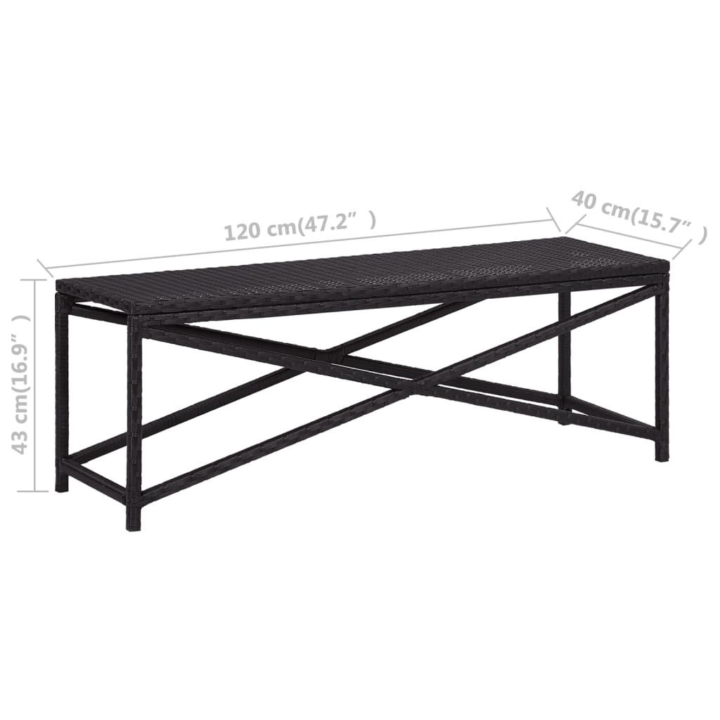 Bench | Black | Poly Rattan, Powder-Coated Steel | 120 cm | Durable