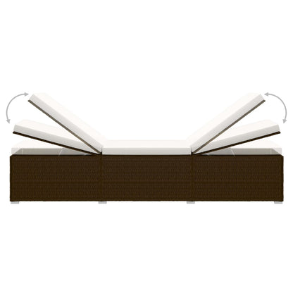 Sun Lounger with Cushion and Tea Table Poly Rattan Brown