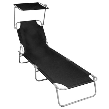 Folding Sun Lounger with Canopy Black Aluminium