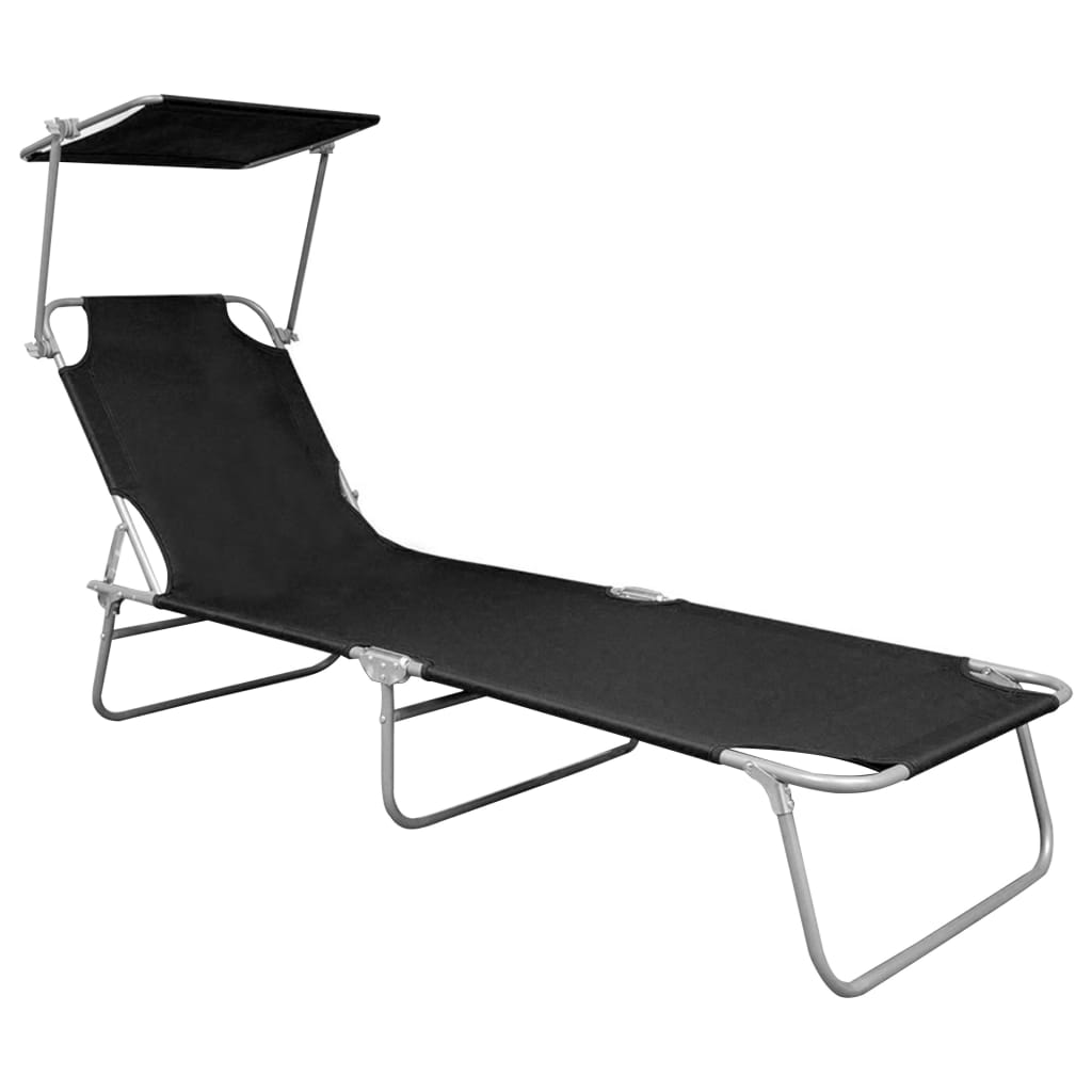 Folding Sun Lounger with Canopy Black Aluminium