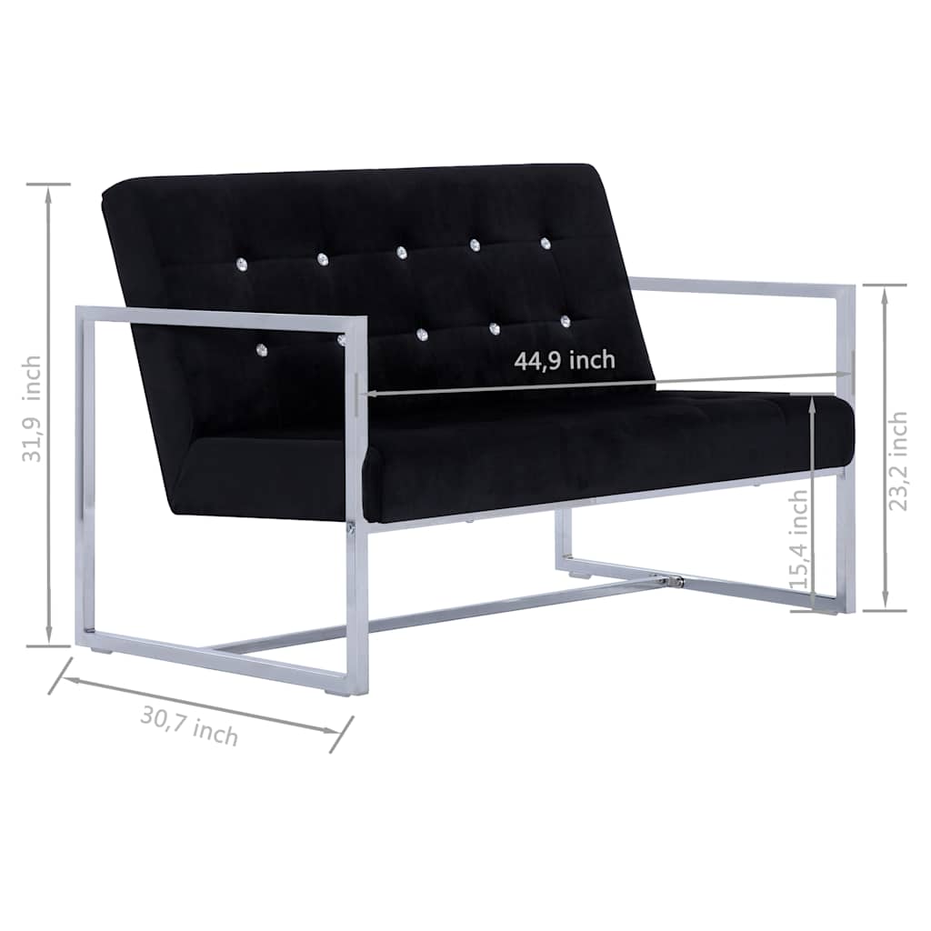 2-Seater Sofa with Armrests Black Chrome and Velvet