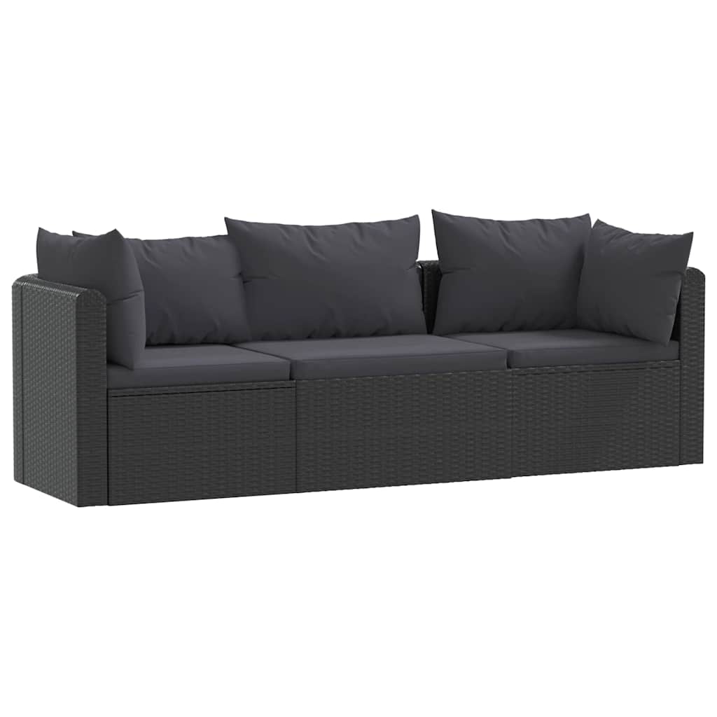 3 Piece Patio Sofa Set with Cushions Poly Rattan Black