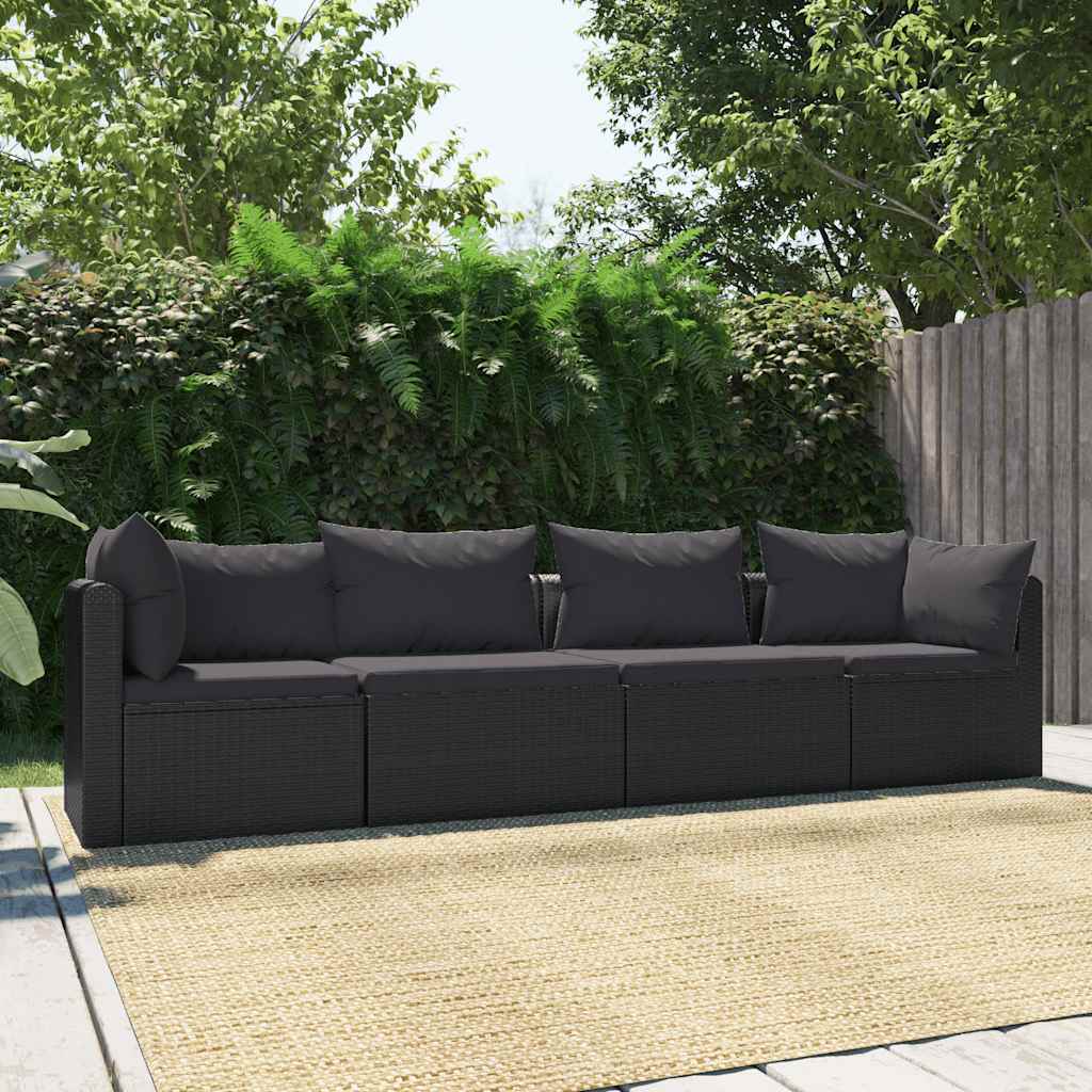 4 Piece Patio Sofa Set with Cushions Poly Rattan Black