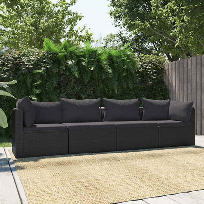 4 Piece Patio Sofa Set with Cushions Poly Rattan Black