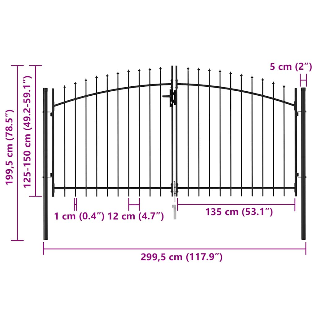 Fence Gate Double Door with Spike Top Steel 9.8'x4.9' Black